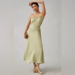 Anthropologie Let me be A-line lace trimmed midi dress green NWT XS